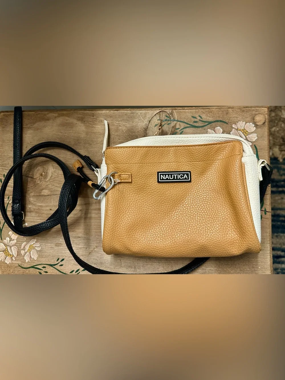 Nautica Two-Tone Tan and White Crossbody Bag with Black Strap